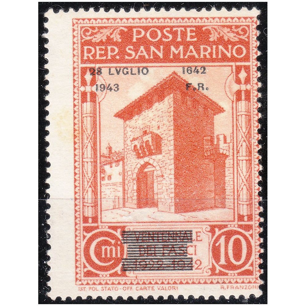 francobolli SAN MARINO 1943 Caduta del fascismo. Francobollo 10c. arancio bruno NUOVO** francobolli SAN MARINO 1943 Caduta del fascismo. Francobollo 10c. arancio bruno NUOVO**
